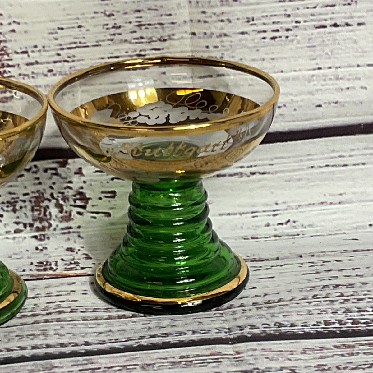 Set of 2 VTG. STUTTGART & ALTENSTEIG Green Gold Trim Cordial Glasses- 2.5"