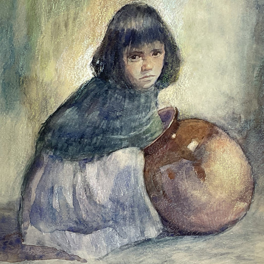 Signed VTG. 1976 Orig. EDGARDO COCHLAN "Girl with Pottery" Watercolor Painting
