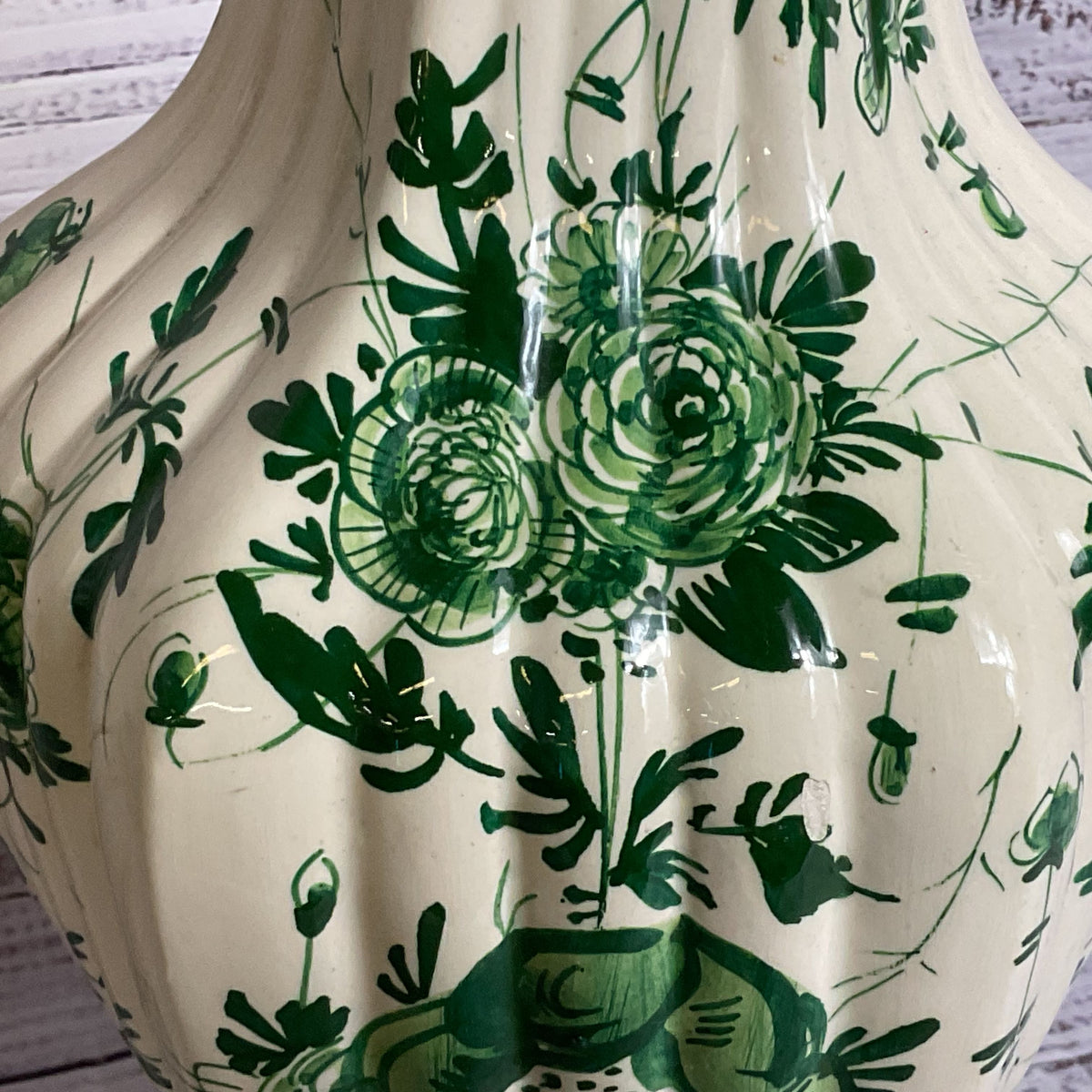 ANTIQUE DELFT???? Hand Painted Green Floral Porcelain and Brass Lamps- 28"