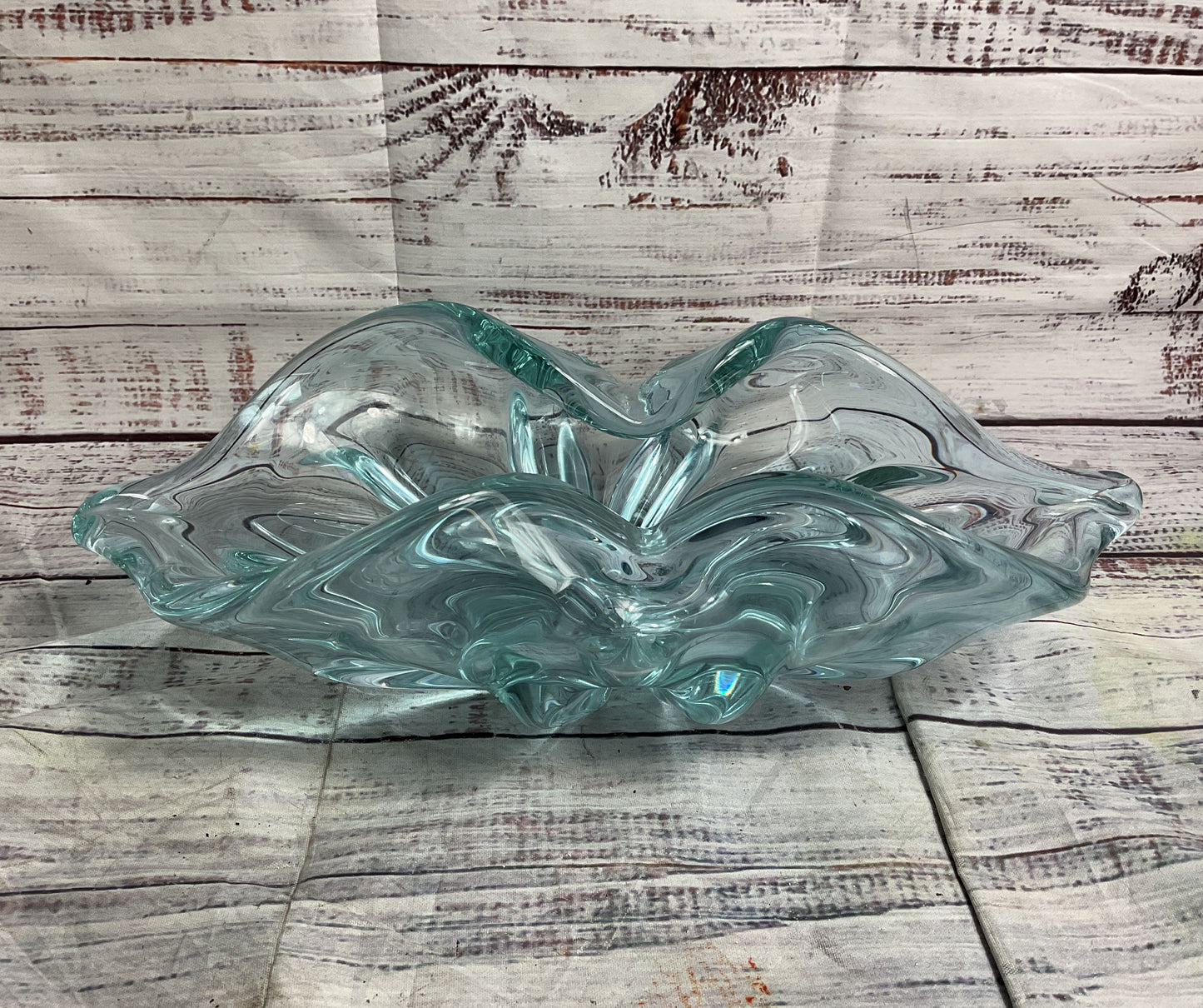 Modern Curved Murano Style Decorative Art Glass Bowl Blue