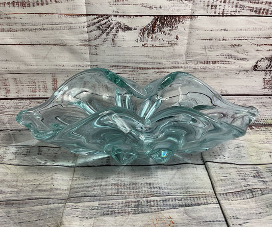 Modern Curved Murano Style Decorative Art Glass Bowl Blue
