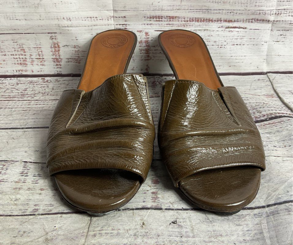 Dries Van Noten Leather Peep Toe Kitten Heels Olive Green 36.5