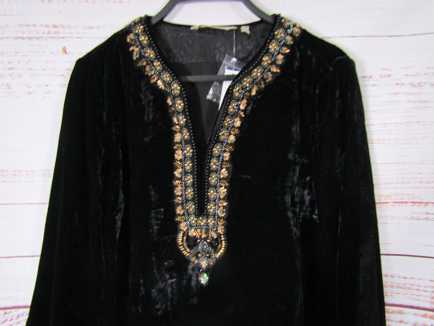 Soft Surroundings Estrella Women's Black Velvet Embellished Tunic Blouse S