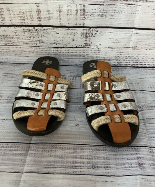 Women's Tory Burch Brown/silver Fisherman Mules Size 8.5 Retail $200