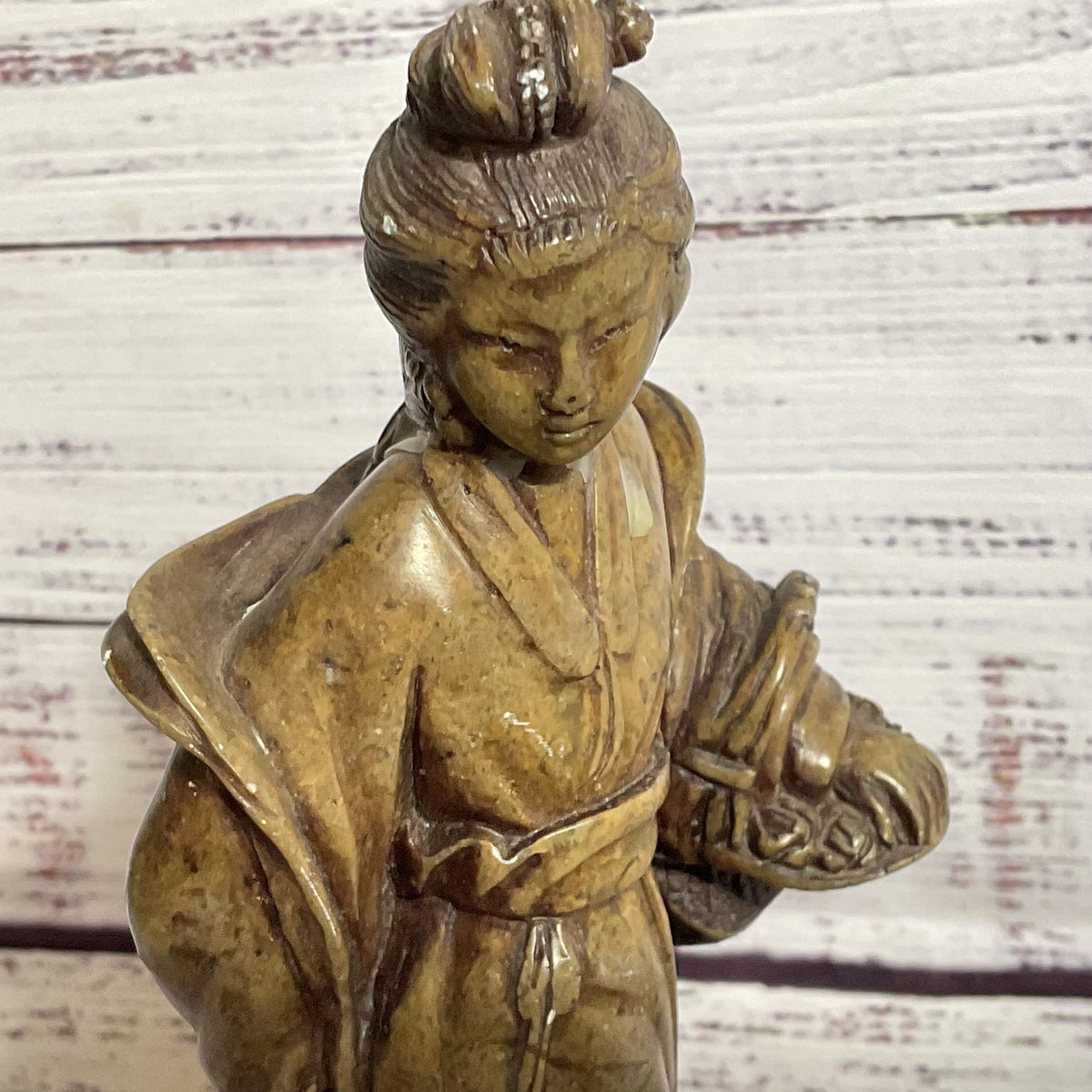 Signed VTG./ANTIQUE Chinese Quan Yin Holding Basket Soapstone Figurine- 7"