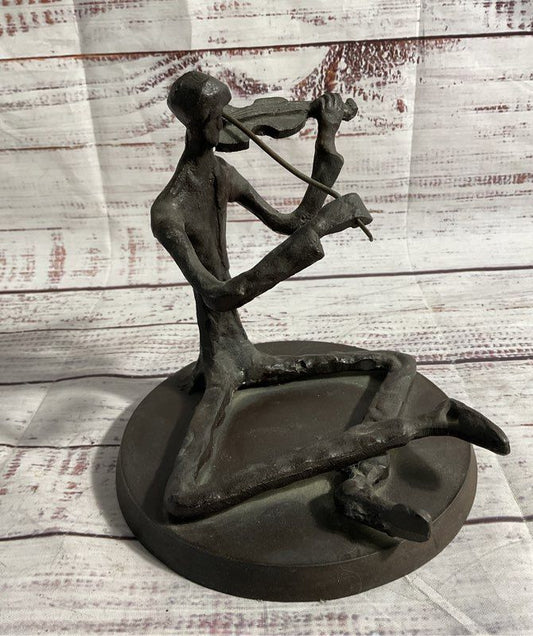 Cast Iron Violinist 6" Violin Player Brutalist Musician Figurine