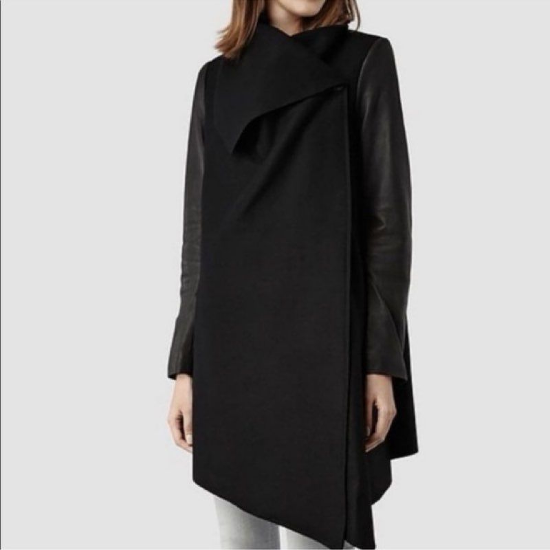 All Saints Hyde Monument Coat With Faux Leather Sleeves Women's Size 0 Wool