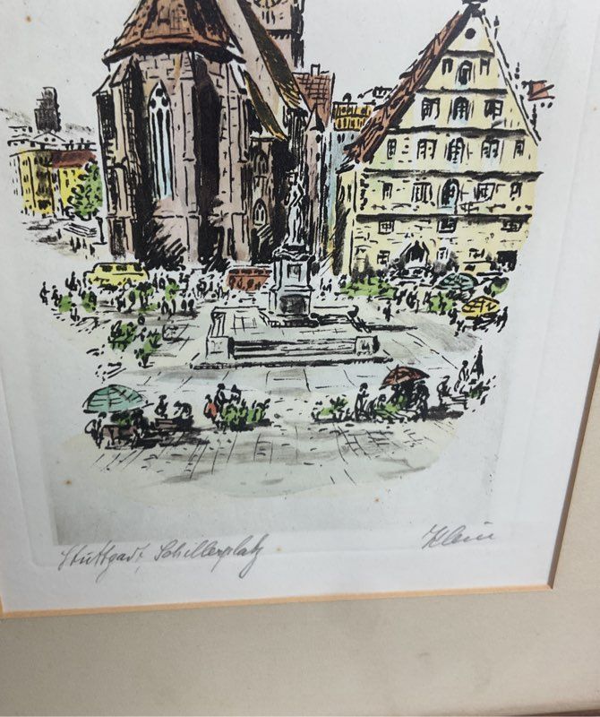 Germany Cityscape of Stuttgart Hauptbahnhof & Schlossplatz Etchings by Klein