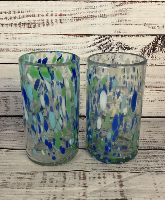 Modern Hand Blown Speckled Mexican Drinking Glasses Lot of 2 Multicolor