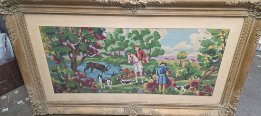 Vintage French Needlepoint Hunting Scene Framed PICK UP ONLY