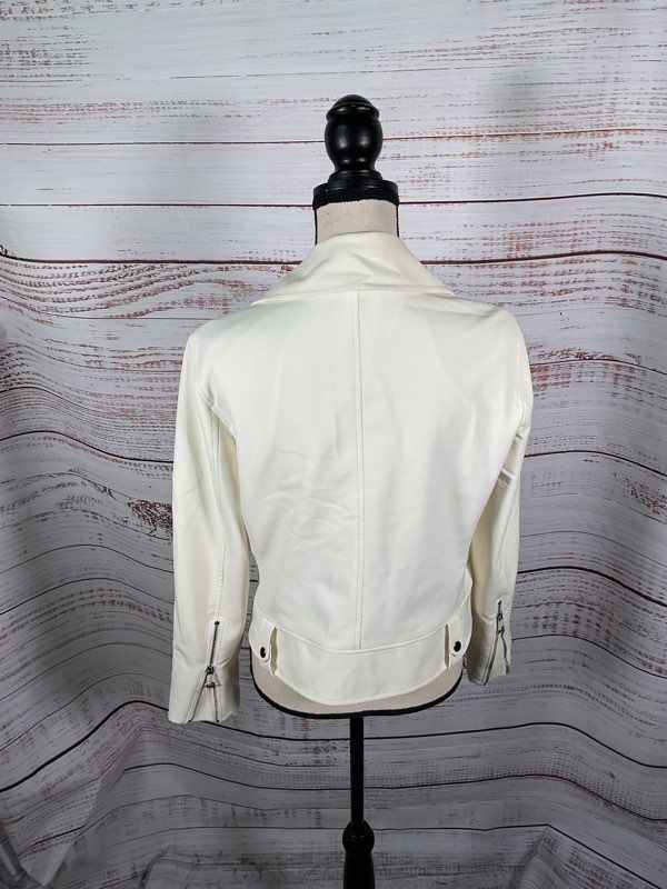 Club Monaco Women’s Asymmetrical Zippers Crepe Moto Jacket Winter White Size L