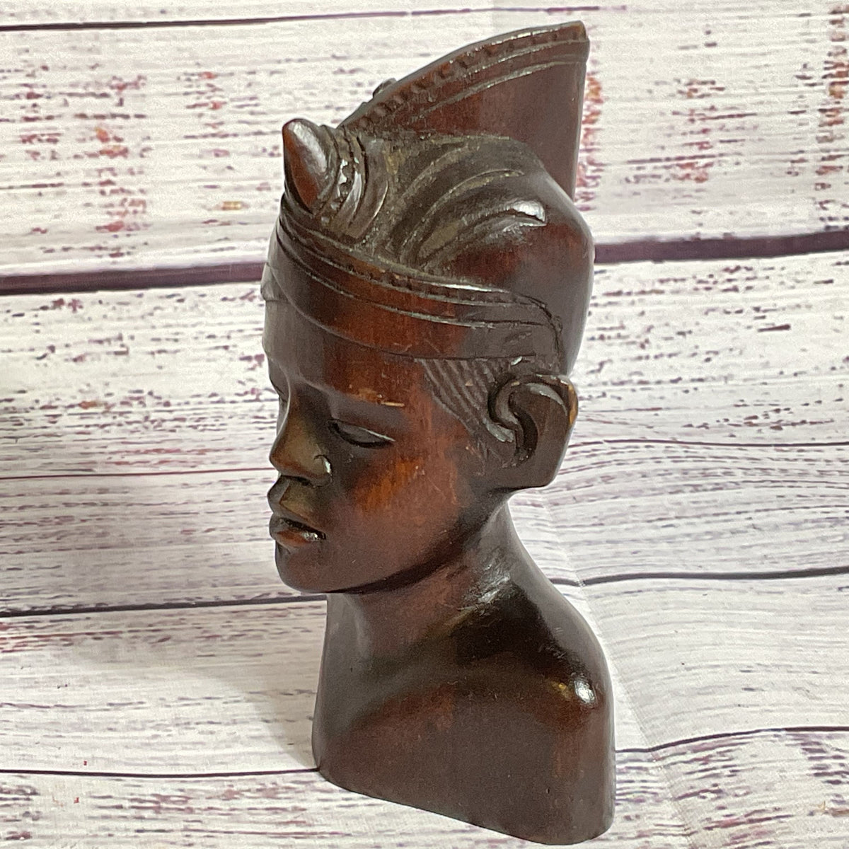 VTG. Wood Carved Malaysian Mini Bust Sculpture Boy in Tengkolok- 4.25"