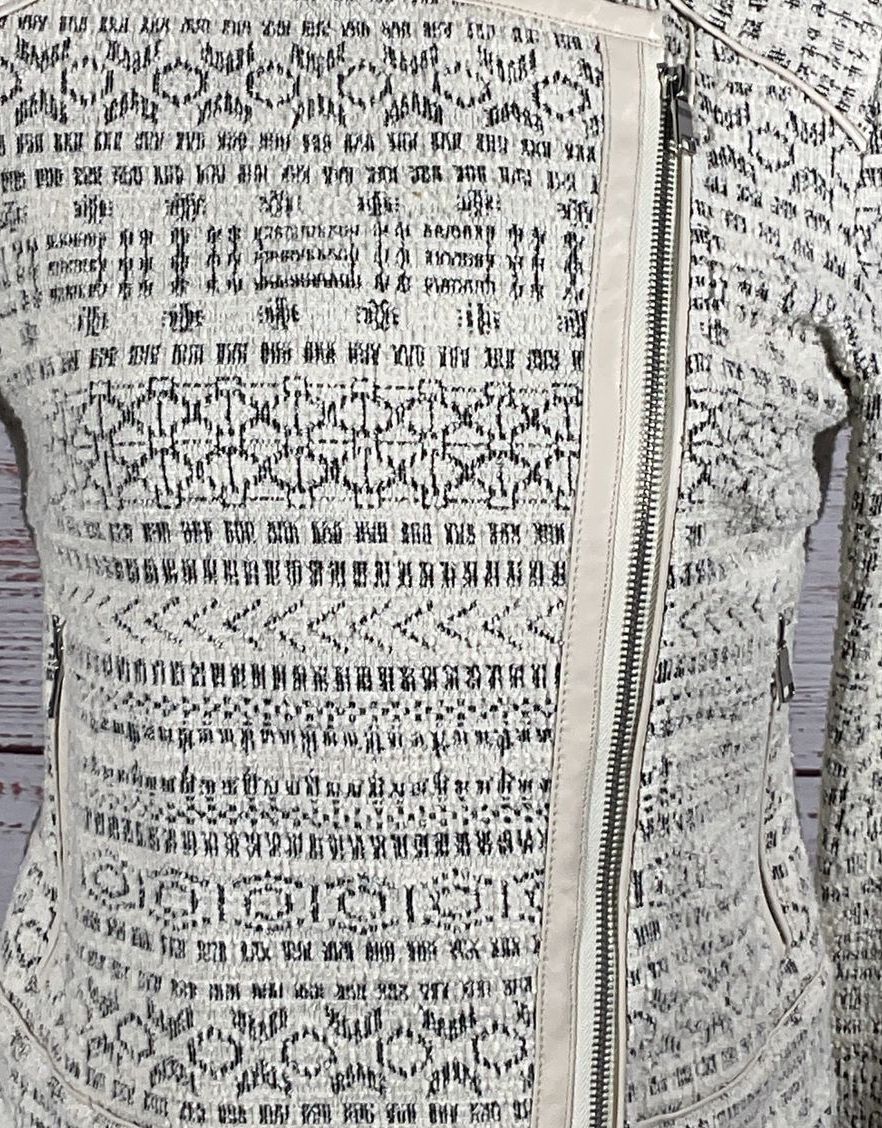 Joie Pattyn Jacquard Tweed Moto Leather Trim Jacket Ivory XS