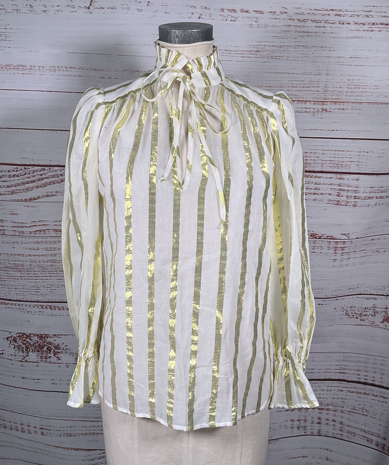 Monica Mahoney Ruffle Gauze Silky Metallic Stripes Blouse White Gold S