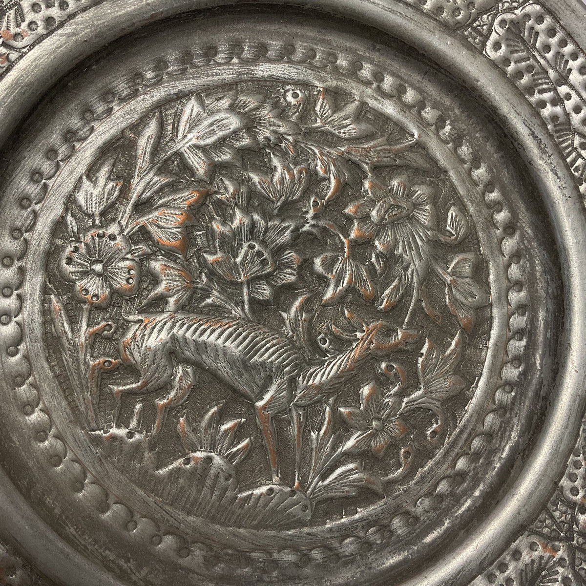 Hand Hammered Stamped Tinned Copper Deer Flowers Wall Hanging Art 8"