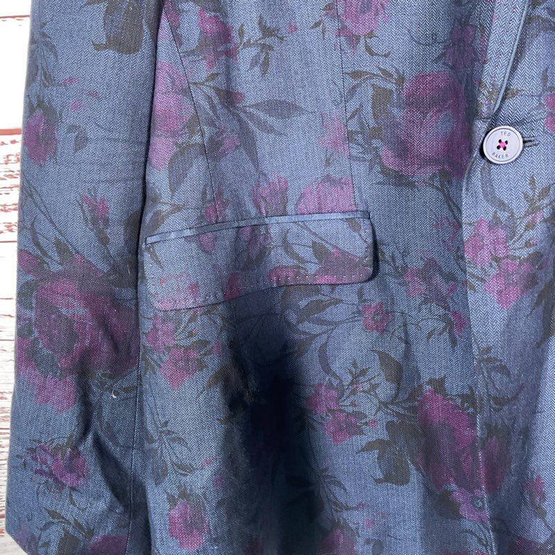 Ted Baker Blue & Purple Floral Print Peak Label 1-Button Blazer Jacket - Size 5
