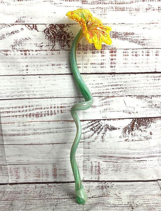 Modern Handblown Moreno Style 15" Art Glass Lily Flower Yellow