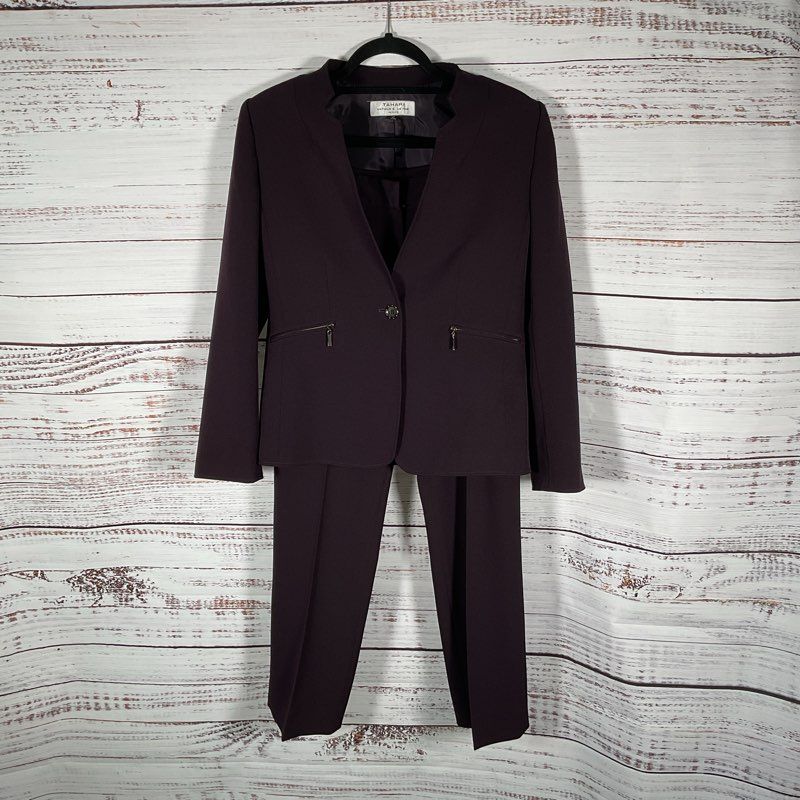 Tahari Arthur S Levine 2-Piece Mandarin Collar Eggplant Purple Pant Suit Size 8P