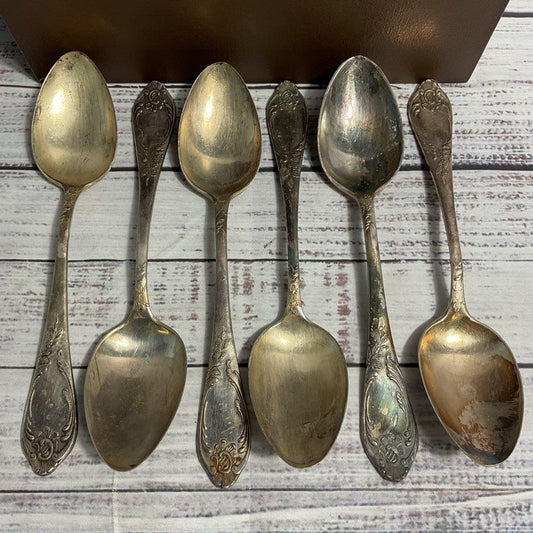 Lot Of 6 Russian MHU Silver Plate Soup Spoons w/ Brown Case