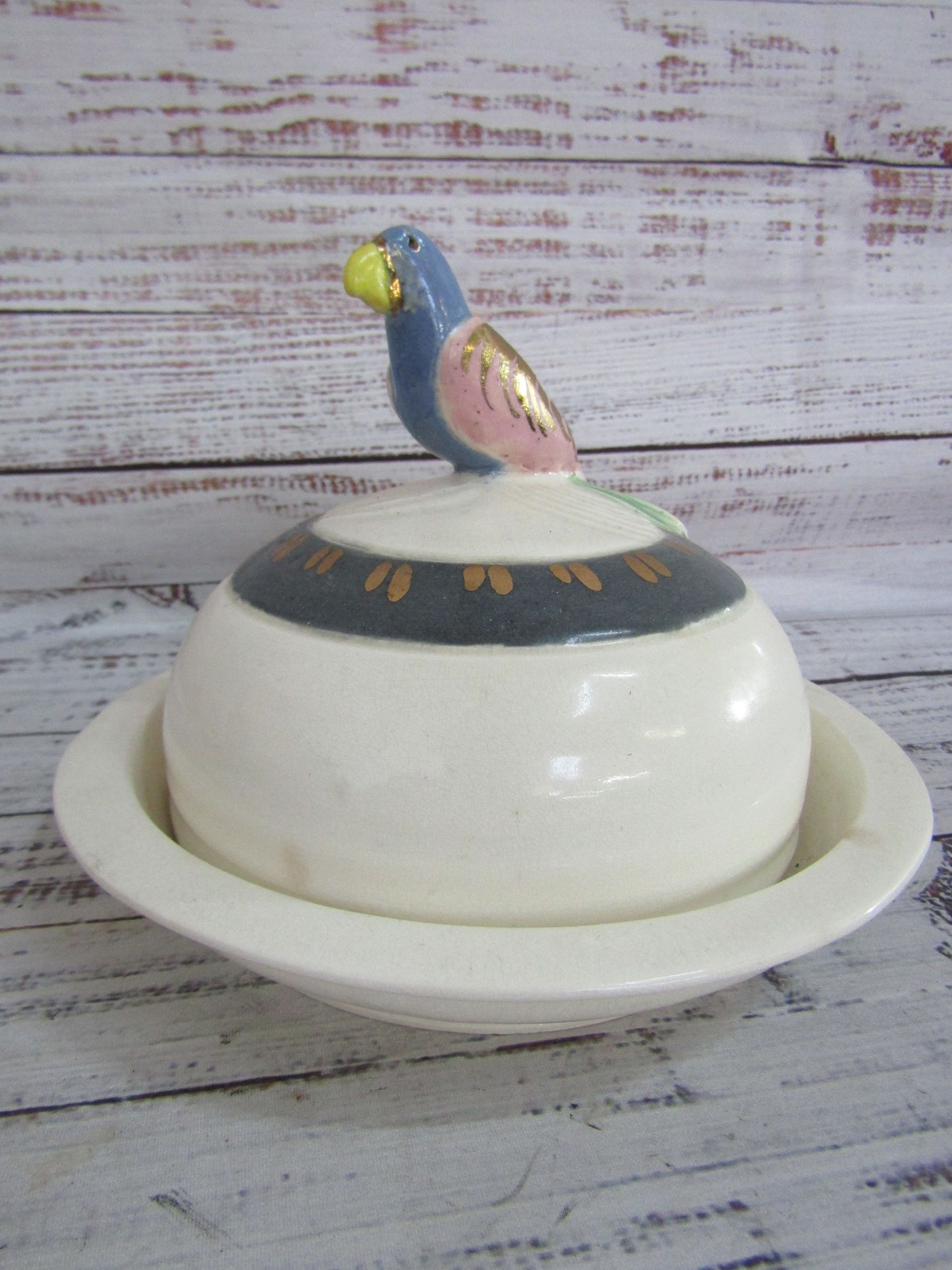 Vintage Artist Signed Handcrafted Parrot Motif Covered Butter / Cheese Plate