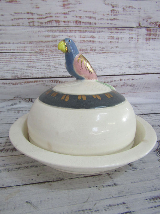 Vintage Artist Signed Handcrafted Parrot Motif Covered Butter / Cheese Plate