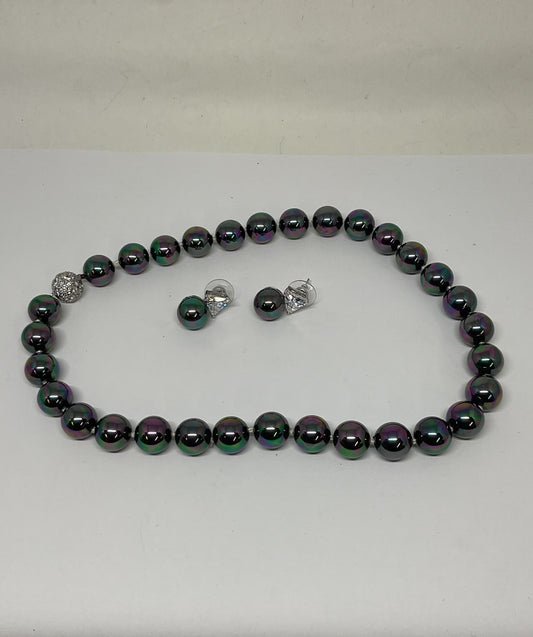 DR Sterling Silver Clasp Glass Beaded Necklace & Stud Earrings Set