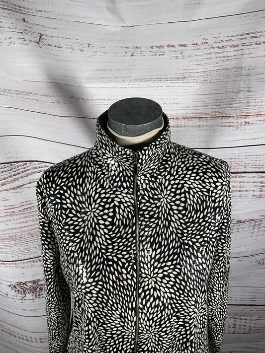 Misook Women's Black & White Floral Print Polyester Blend Full Zip Jacket Sz L