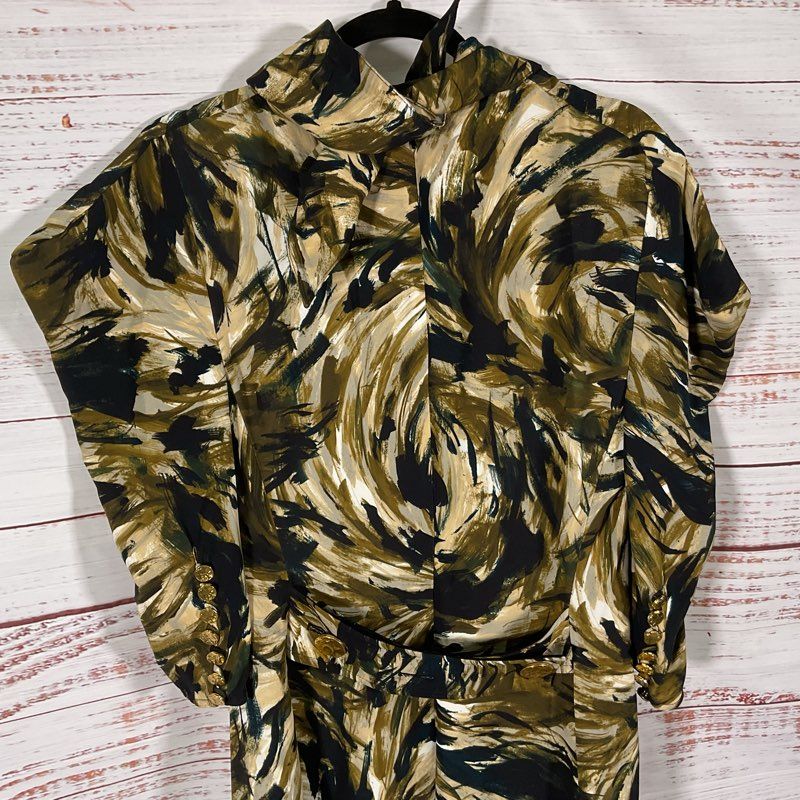 Proenza Schouler PF20 Black/Tan Abstract Swirl 3/4 Sleeve Midi Dress - Size 9