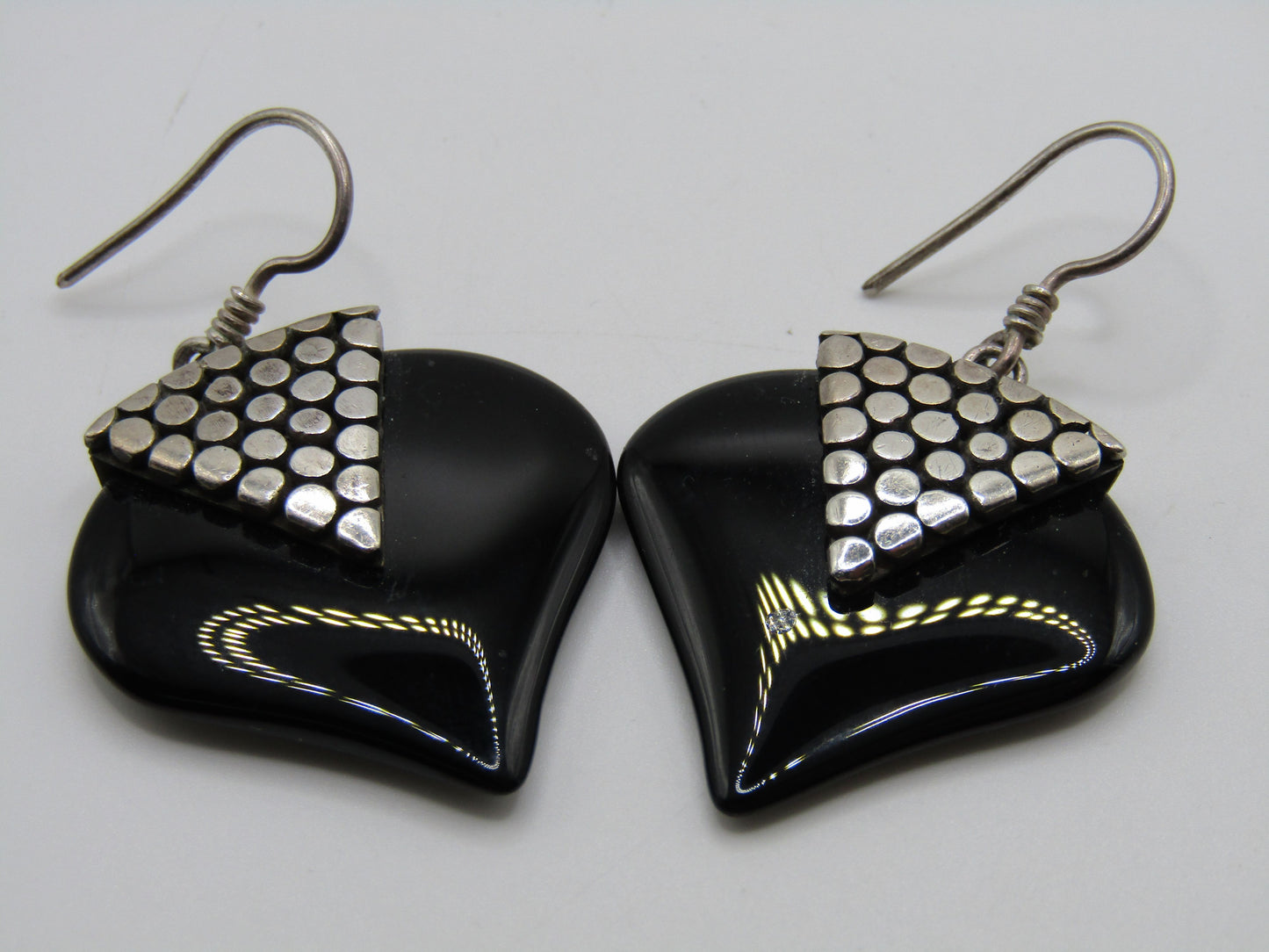 Vintage Sterling Silver Dot Heart Onyx Drop Dangle Earrings