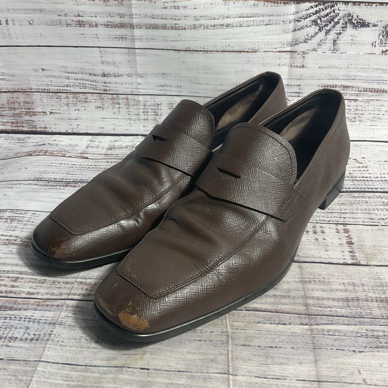 Prada Saffiano Brown Crossgrain Leather Penny Loafer Dress Shoe Men 8