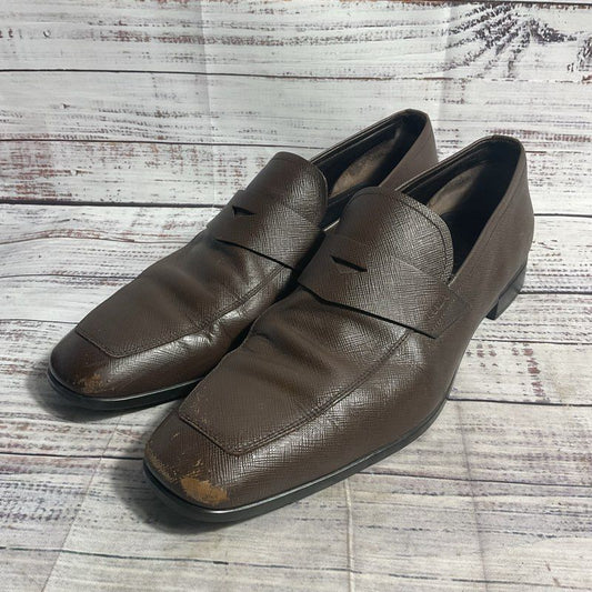 Prada Saffiano Brown Crossgrain Leather Penny Loafer Dress Shoe Men 8