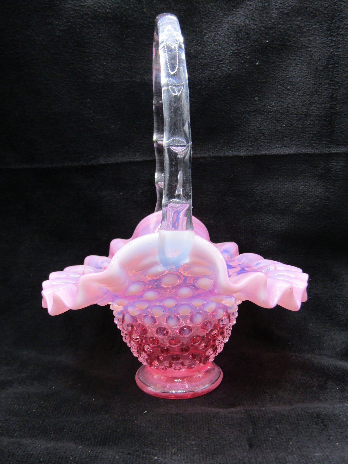 Vintage Hand Blown Pink Studded Glass Basket Figurine