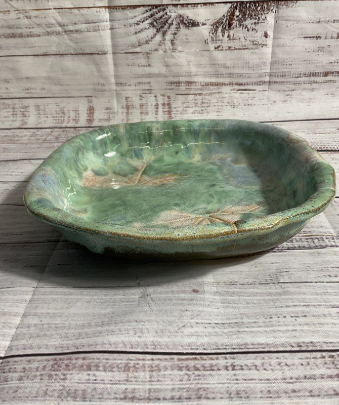 Vintage Ceramic Green/brown Bowl Dish Leaf Pattern 9"
