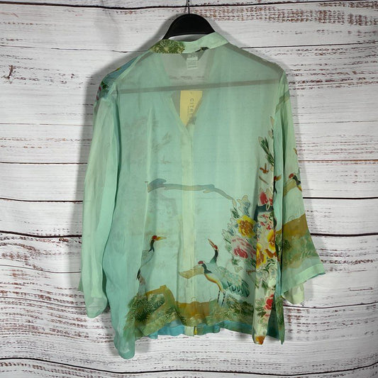 NWT Citron Green Shear 100% Silk Floral Mandarin Collar Button Up Blouse Size M