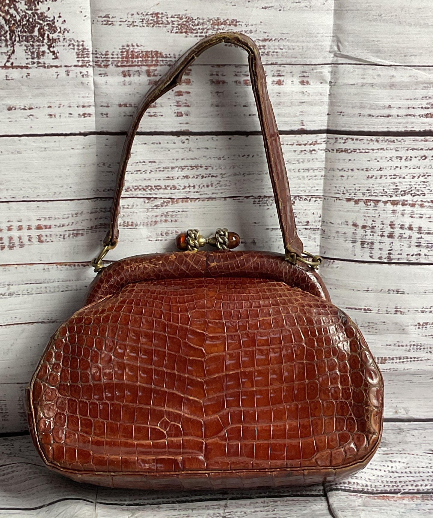 Vintage Leather Reptile Embossed Top Handle Bag Brown