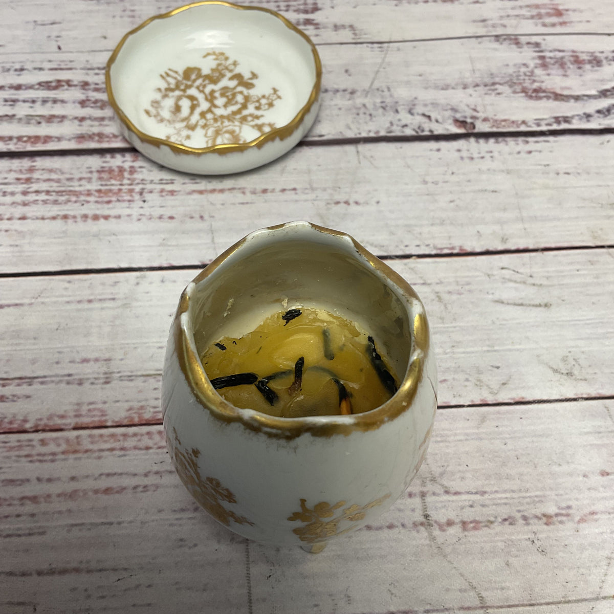 Limoges France Hand Painted Golden Gilt 3 Footed Porcelain Bowl And Dish Candle