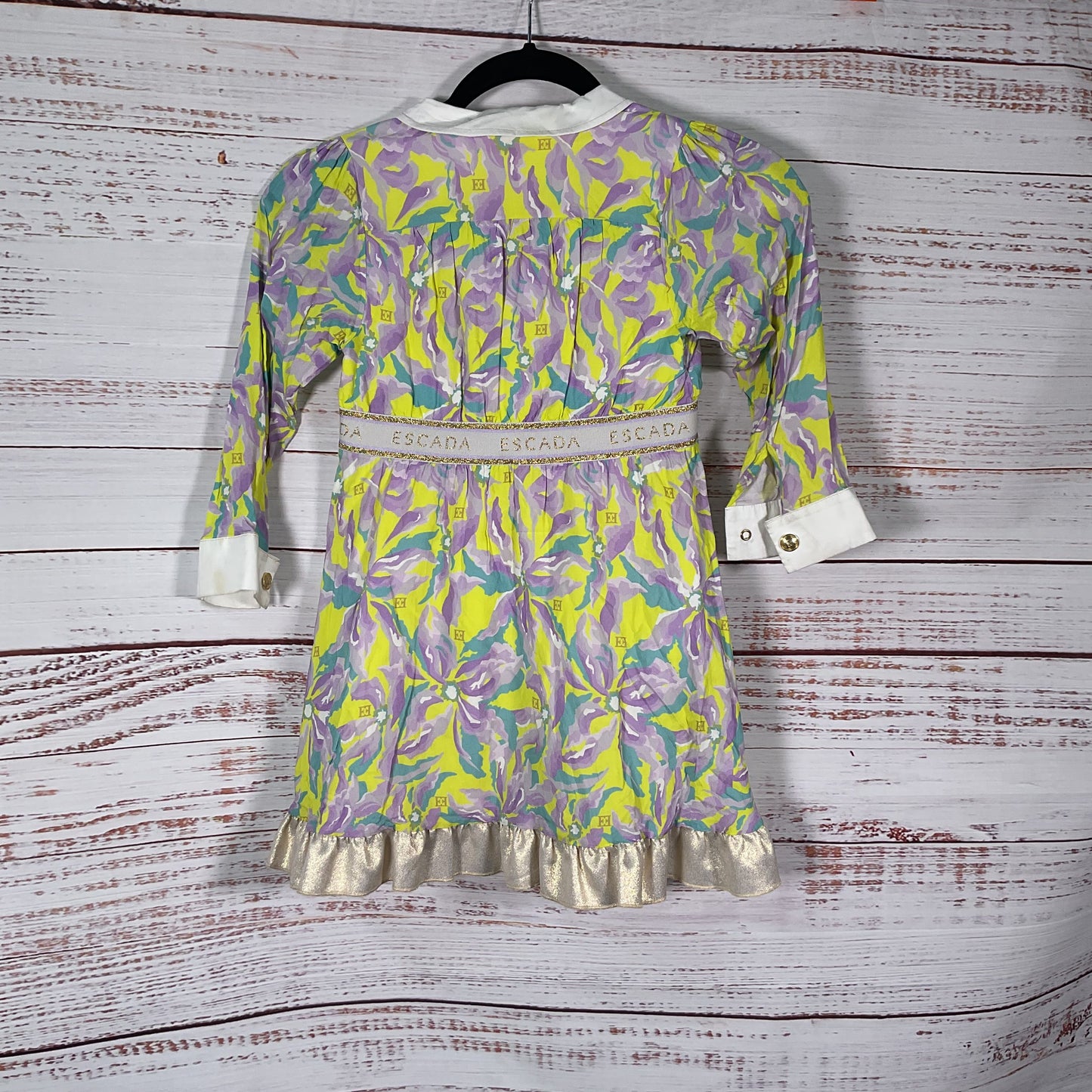 Escada Yellow Purple Floral Print Snap Collar Dress - Size 6Y Girls Kids