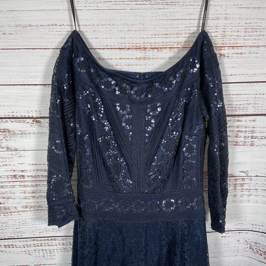 NWT Tadashi Shoji Bridal Silana Off Shoulder Navy Blue Sequin Gown Dress sz 4