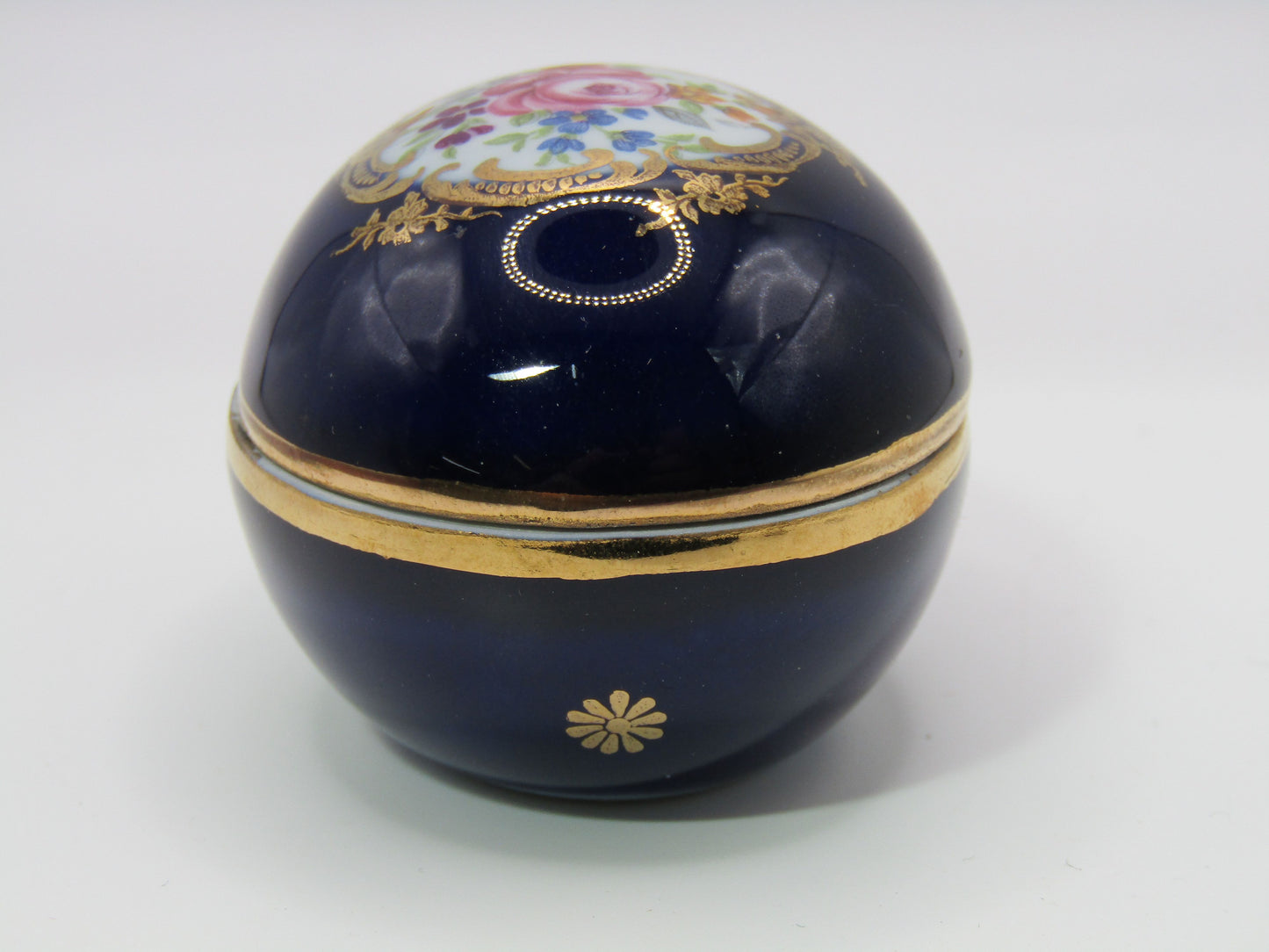 Vntg Limoges Castle Floral Cobalt Blue 24k Gold Wash Trinket Box Made in France