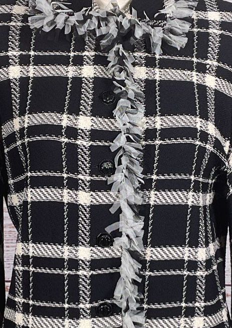 St. John Collections Vintage Plaid Fringe Trim Jacket Black White 12