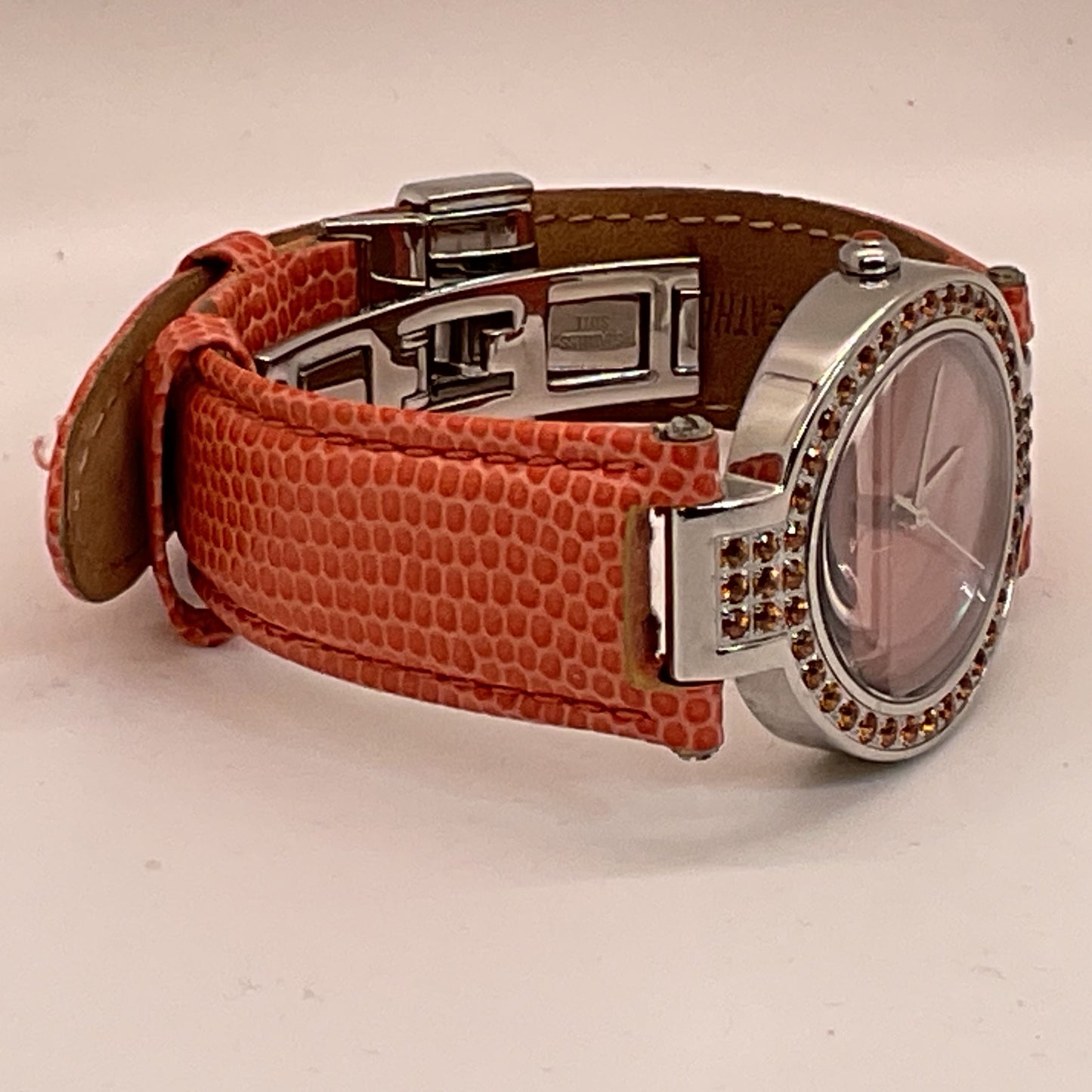 LUCIEN PICCARD Women's Stainless Steel Rhinestone Orange Leather Band Watch