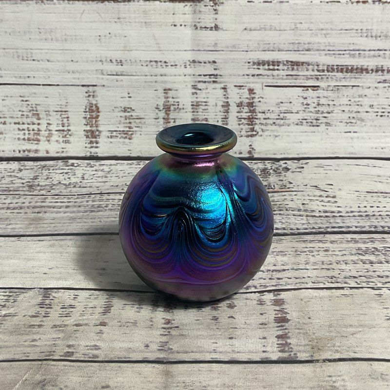 Blue/Purple Iridescent Glass 3" Spherical Bud Vase Perfume Bottle