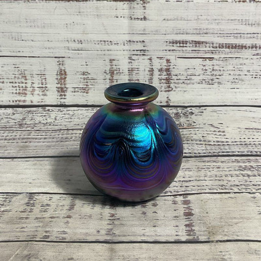 Blue/Purple Iridescent Glass 3" Spherical Bud Vase Perfume Bottle