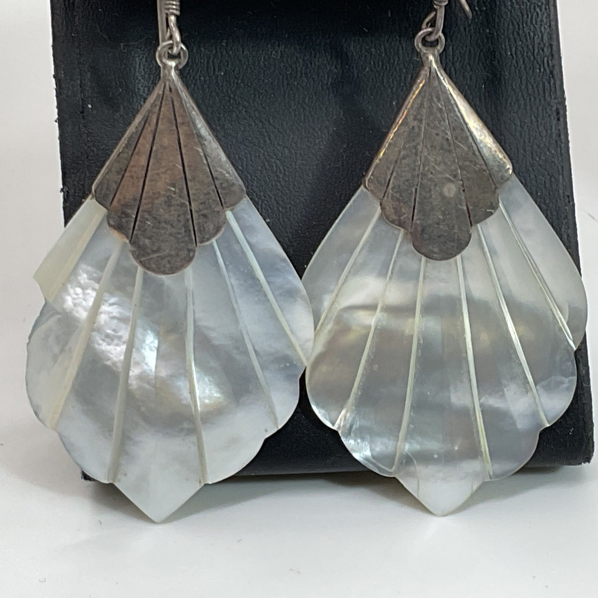 VTG. Art Deco Sterling Silver Carved Mother of Pearl 2.5" Dangle Earrings