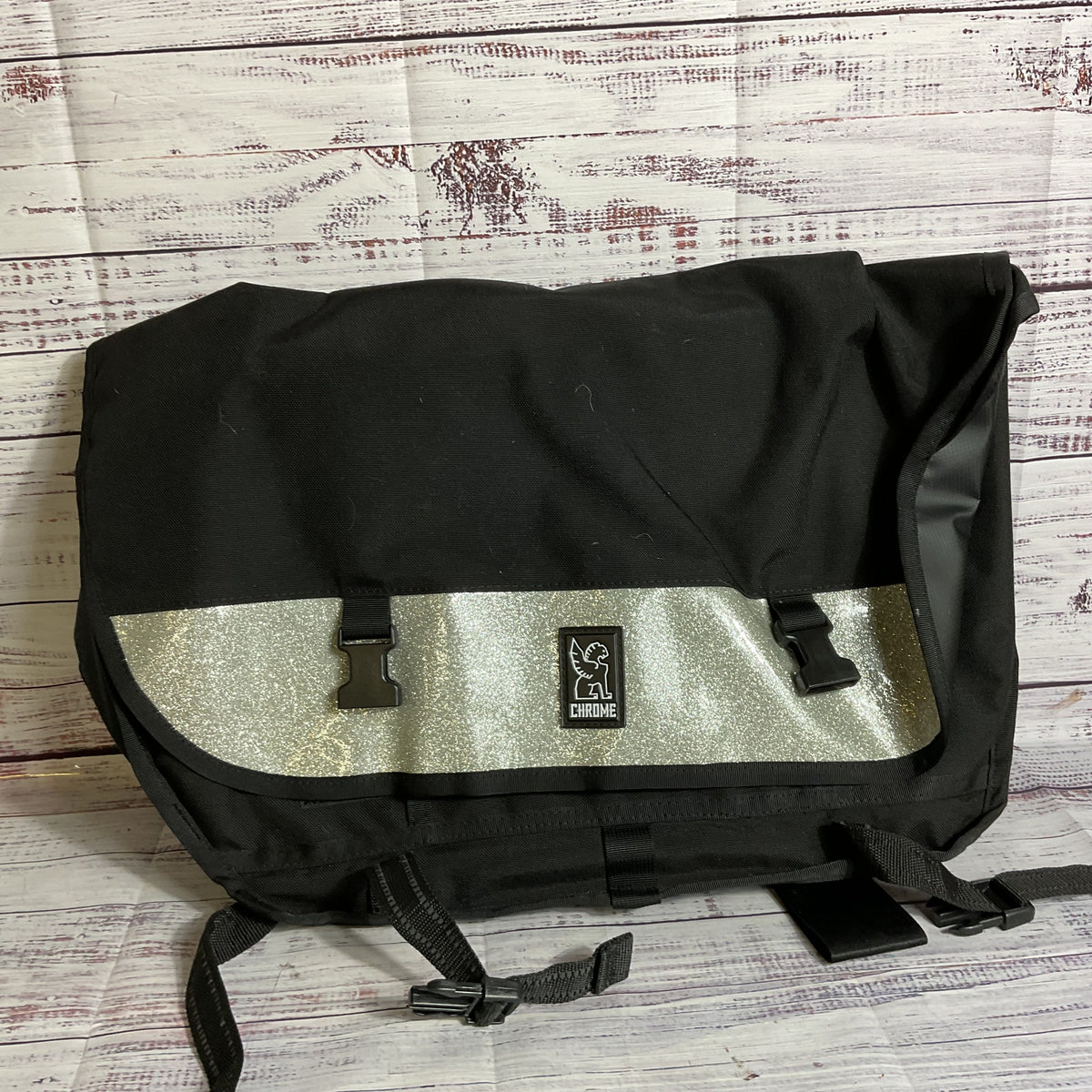 CHROME Black & Glitter Messenger Bag Seatbelt Buckle Waterproof Nylon Bag