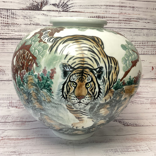 Chinese Tiger Pine Tree Hand Painted Stamped Round Large Ceramic Vase 13"