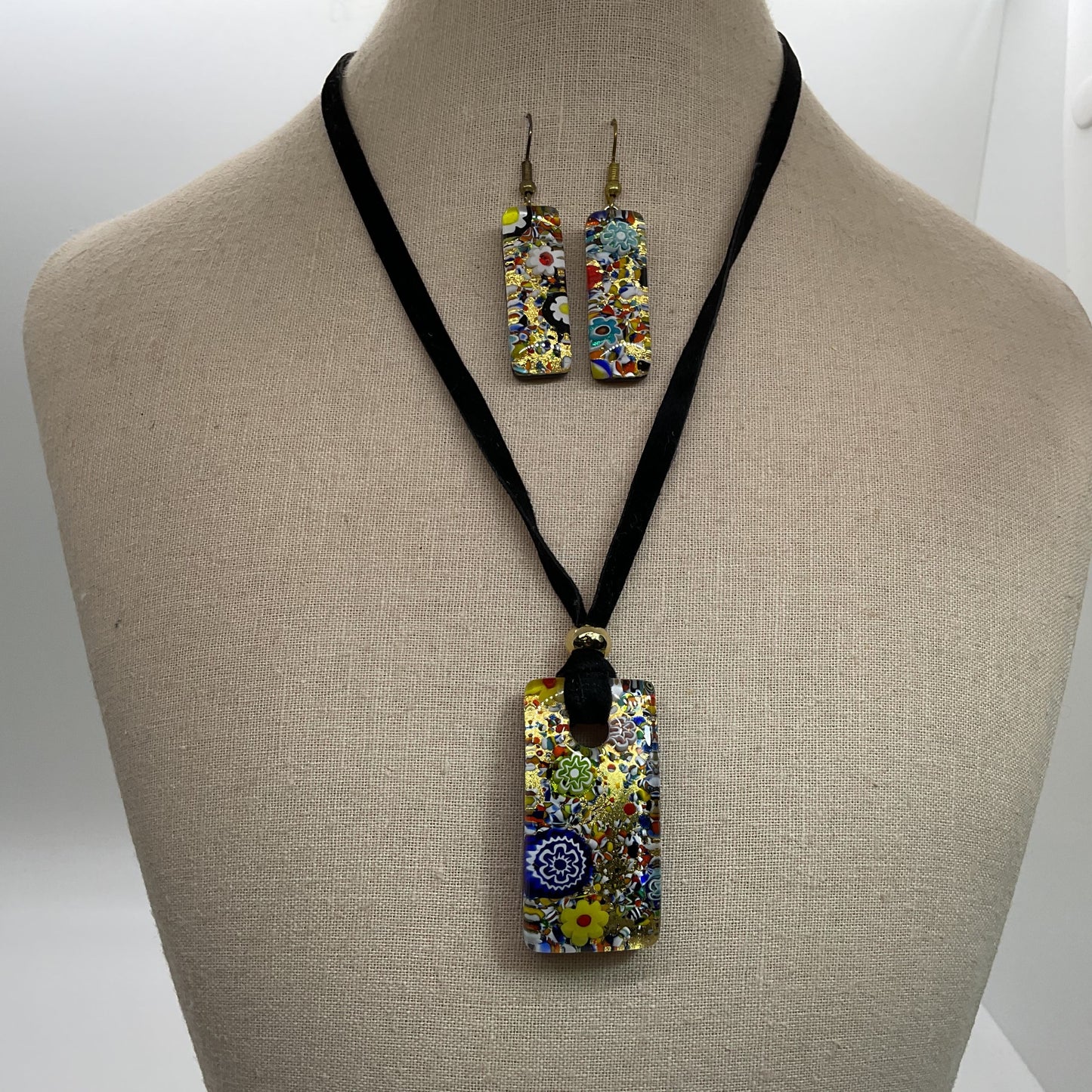 Millefiori Glass Pendant and Earrings Velvet String Necklace & Earring Set