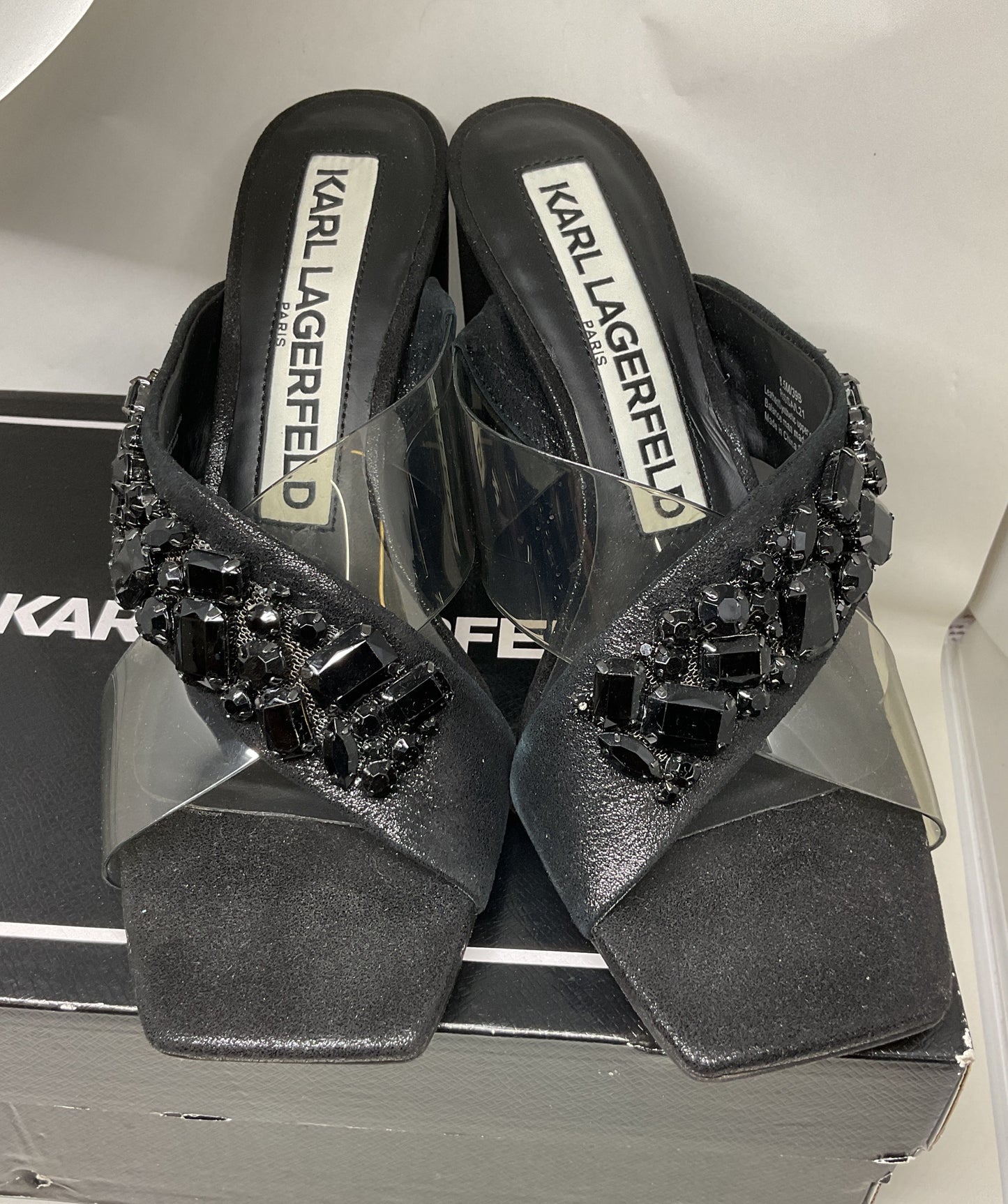 Karl Lagerfeld Rissa Black Slide Heels Sandal Women 9 Beaded