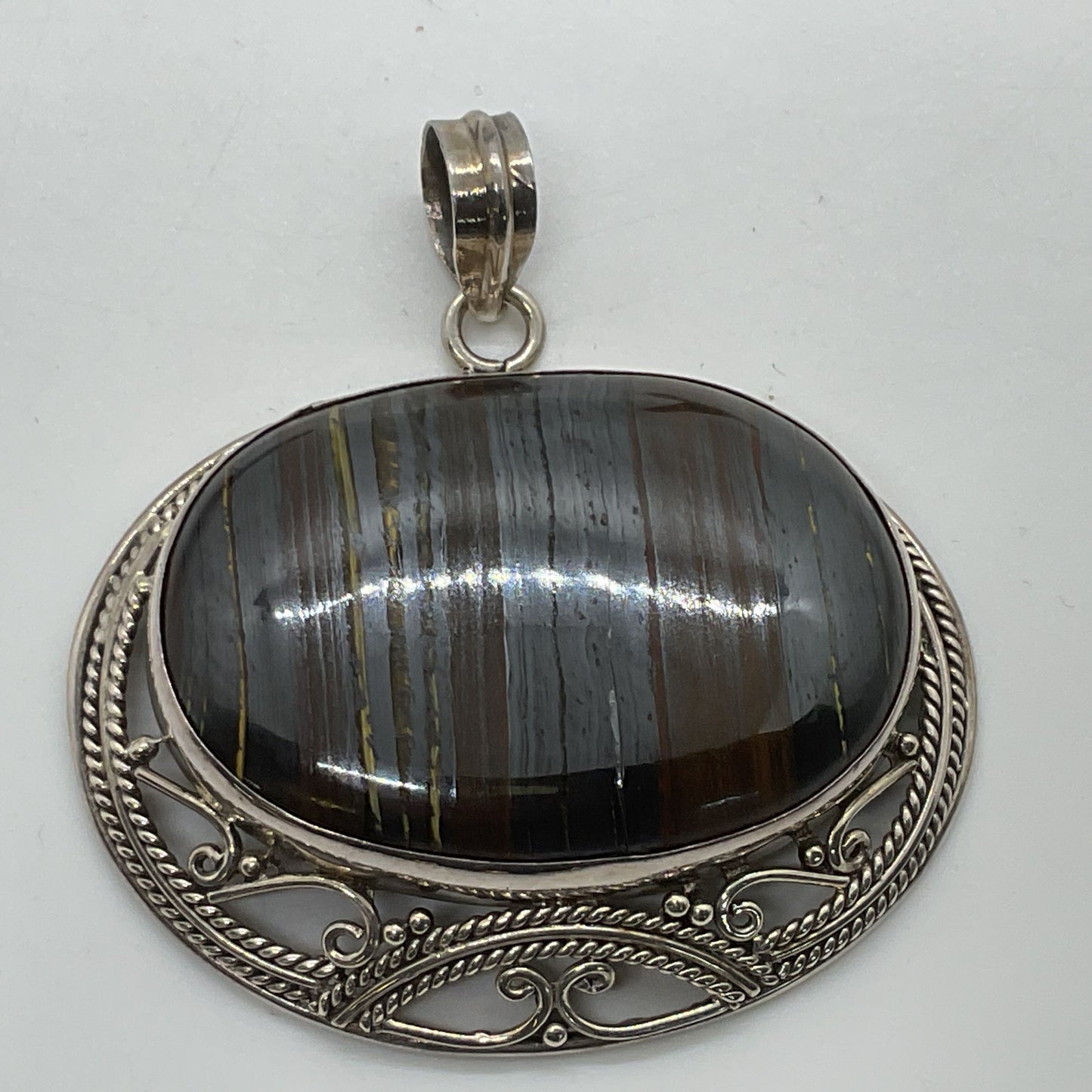 Sterling Silver 45mm Iron Tiger's Eye 2.5" Pendant- 47.74g