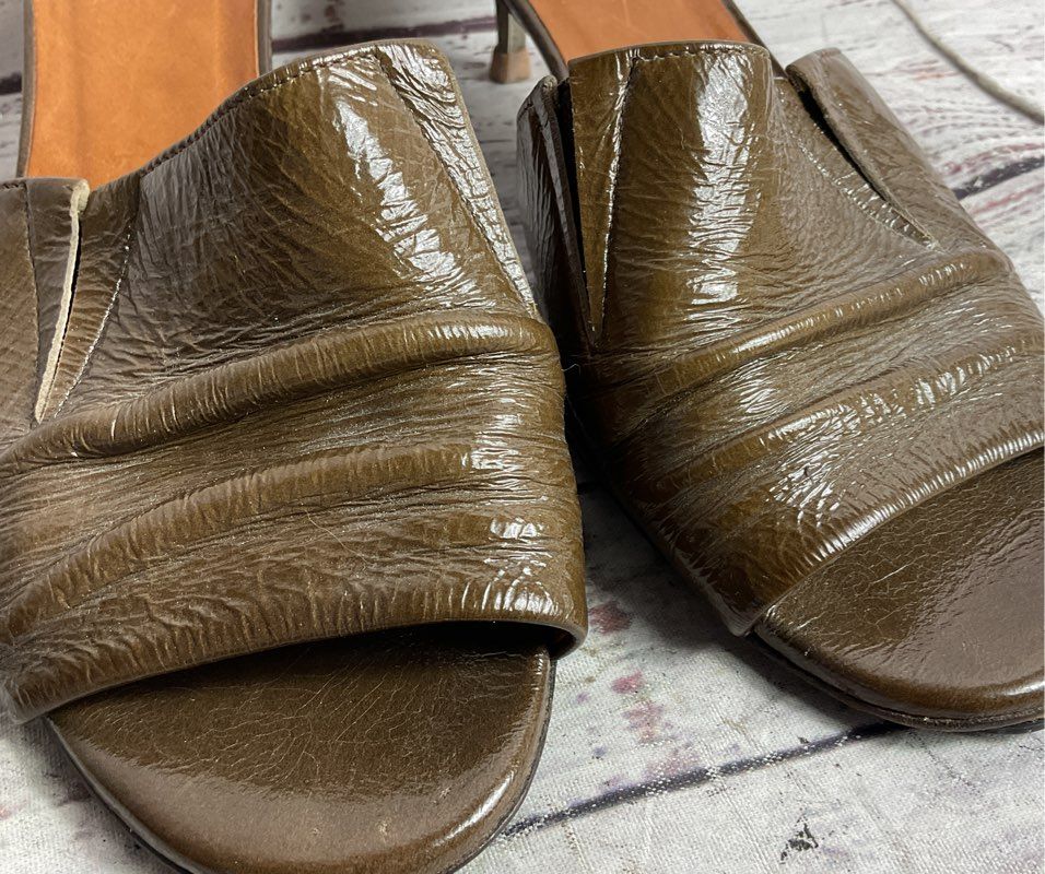 Dries Van Noten Leather Peep Toe Kitten Heels Olive Green 36.5
